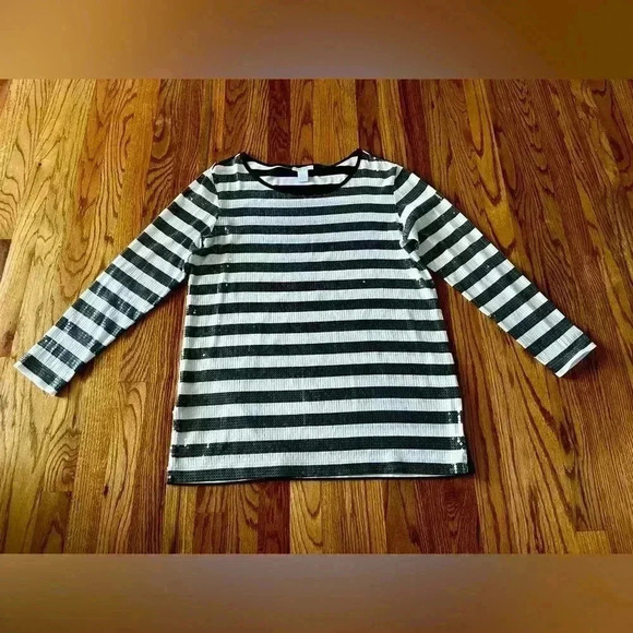 Joan Vass Tops - Joan Vass White with Black Sequin Striped Shirt SZ. 3/XL